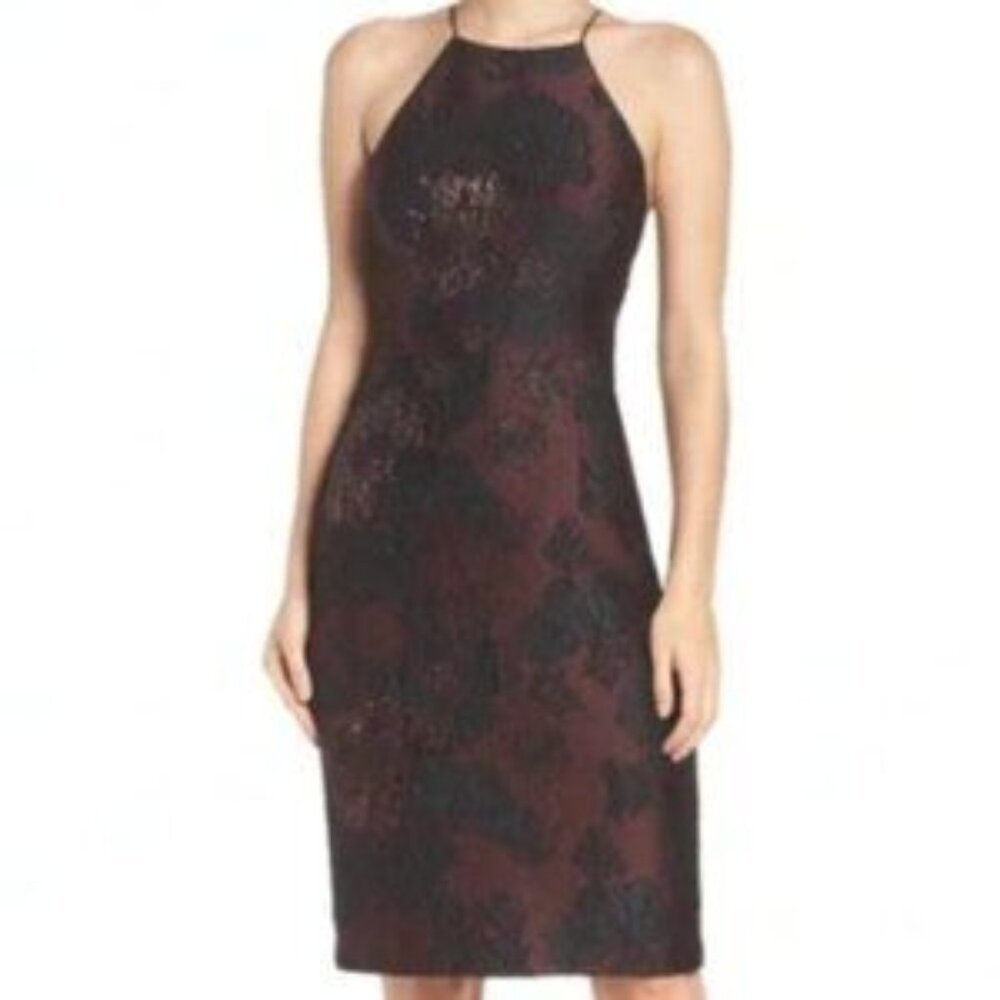 Size 6 Vera Wang Black Label Plum/Black Burgundy Metallic Brocade Cocktail Dress